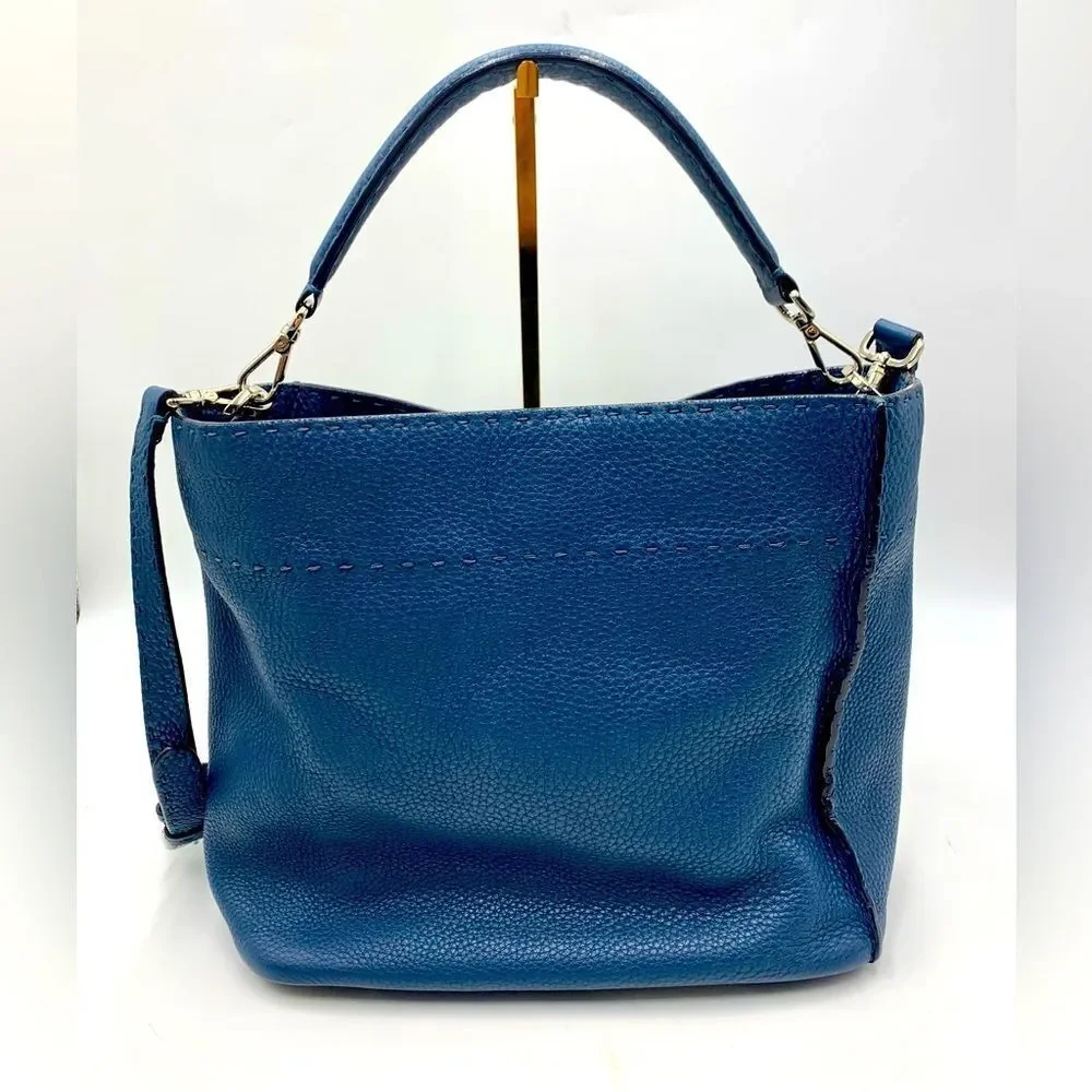 Auth Fendi Cuoio Romano Blue Selleria cLeather 2way Anna Bucket Bag Hobo Shopper - Picture 5 of 16